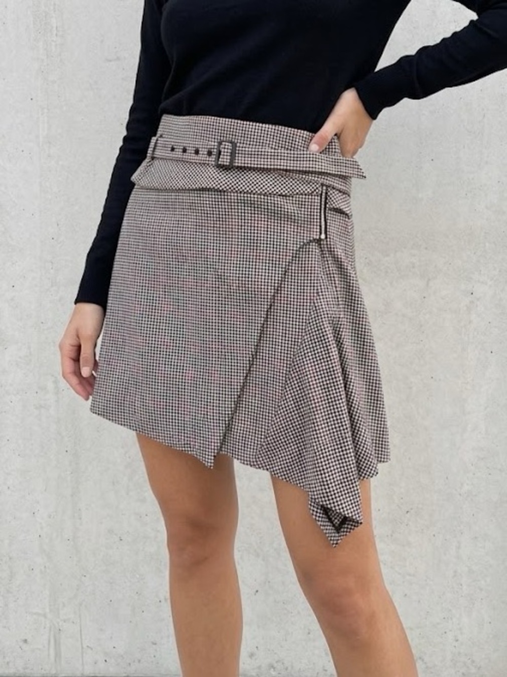 Zara Houndstooth Plaid Check Belted Mini Skirt Medium